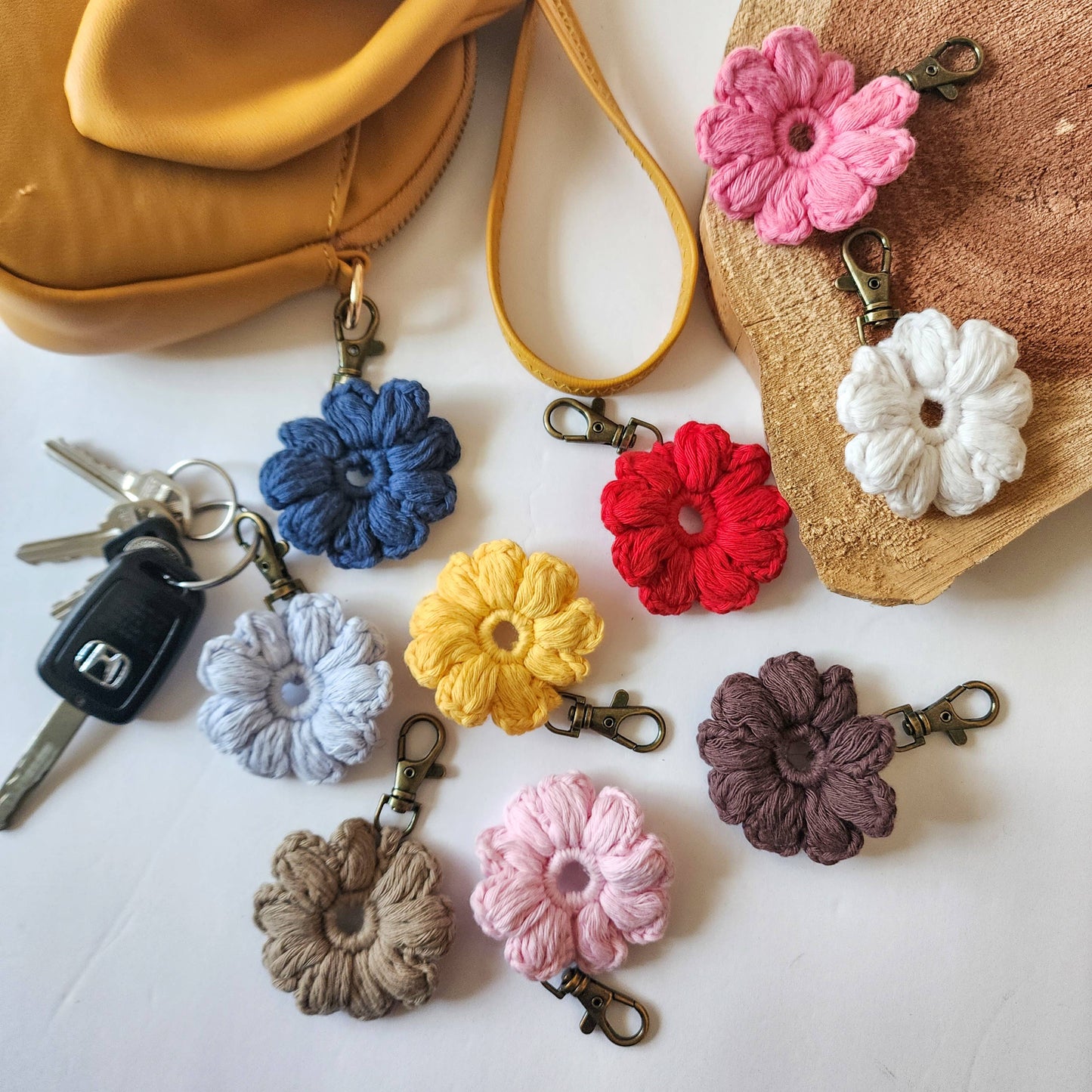 Handmade Daisy Keychain | Crocheted Purse & Bag Charm WHOLESALE