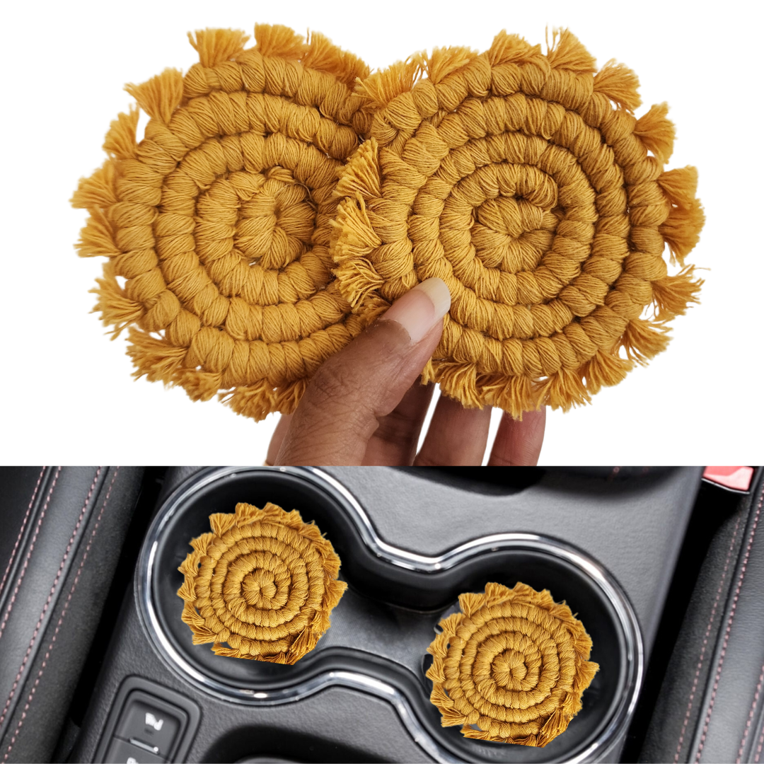 Mini Macrame Cotton Car Coasters- Set of 2 | Recycled Cotton washable coaster sets