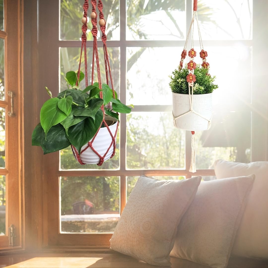 Set of 2 Macrame plant hanger with Daisies & Beads | Hanging plant holder Macrame Plant hangers outdoor and indoor hanging planters Plant stand indoor Boho Decor hanging planter stand (Cafe Latte)