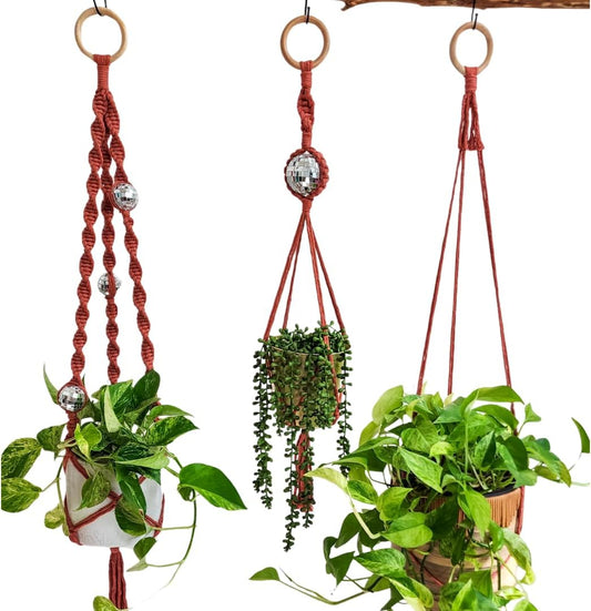 Set of 3 Macrame Plant Hanger | Disco ball decor Hanging planters for indoor plants Cool gifts for plant lovers Boho plant pots plant stand indoor Hanging planters for outdoor plants (Cafe Latte)