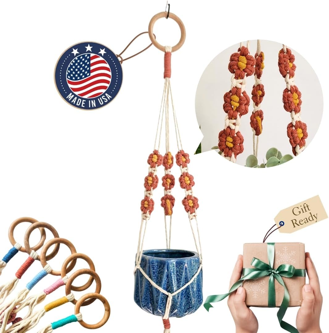 Macrame plant hanger with Daisies | Hanging plant holder | Macrame Plant hangers outdoor and indoor hanging planters Plant stand indoor Boho Decor hanging planter stand/plant shelf (Cafe Latte)
