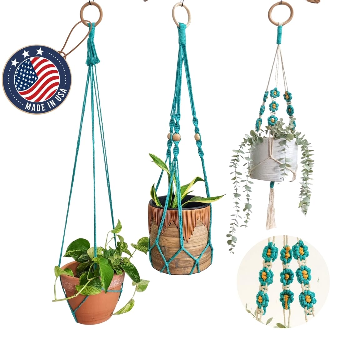 Set of 3 Macrame plant hangers with Daisies & Beads Hanging plant holder Macrame Plant hangers outdoor and indoor hanging planters Plant stand indoor Boho Decor hanging planter stand (Cafe Latte)