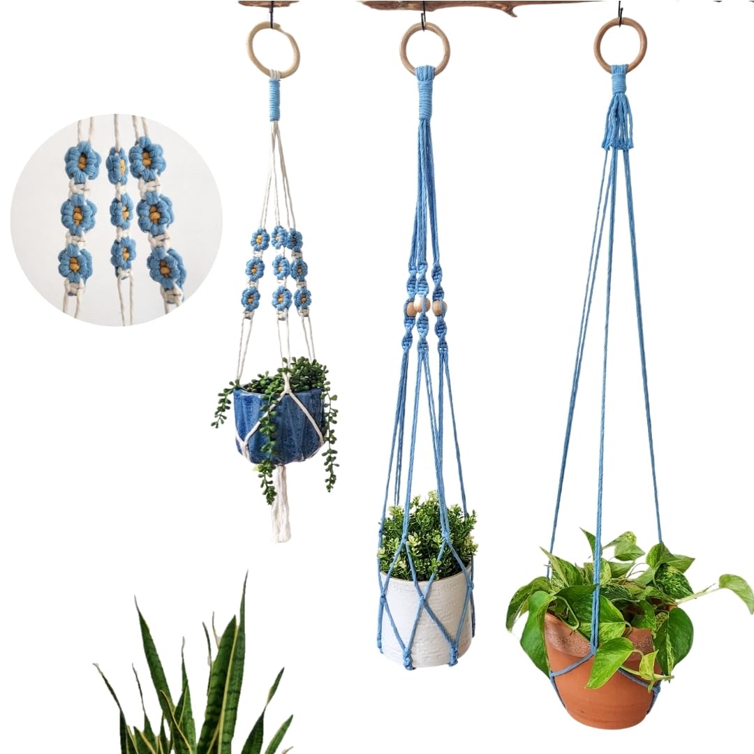 Set of 3 Macrame plant hangers with Daisies & Beads Hanging plant holder Macrame Plant hangers outdoor and indoor hanging planters Plant stand indoor Boho Decor hanging planter stand (Cafe Latte)