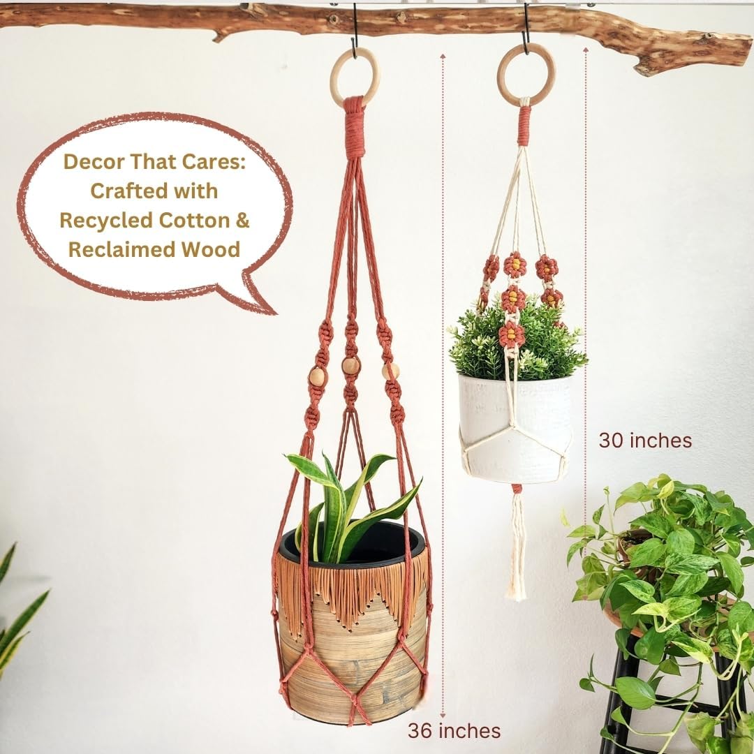 Set of 2 Macrame plant hanger with Daisies & Beads | Hanging plant holder Macrame Plant hangers outdoor and indoor hanging planters Plant stand indoor Boho Decor hanging planter stand (Cafe Latte)