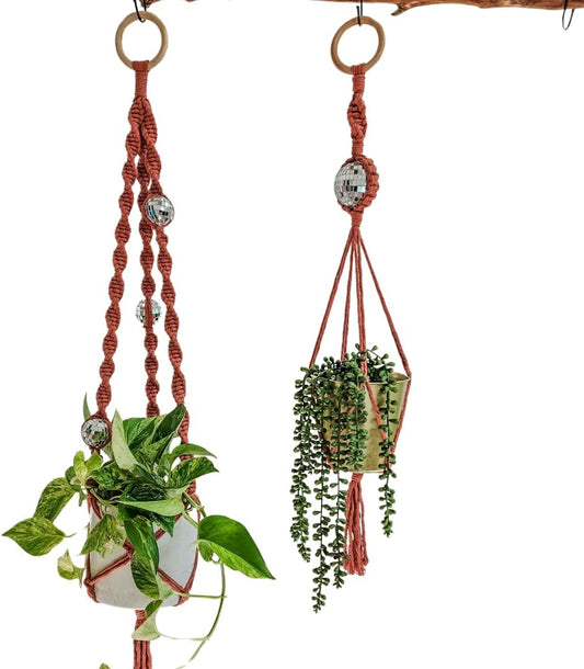 Set of 2 Macrame Plant Hanger Disco ball decor Hanging planters for indoor plants Cool gifts for plant lovers Boho plant pots plant stand indoor Hanging planters for outdoor plants (Cafe Latte)