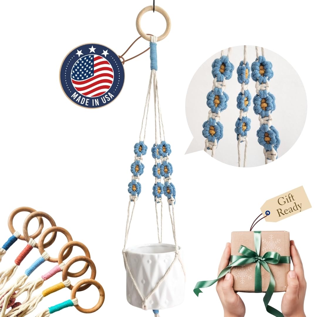 Macrame plant hanger with Daisies | Hanging plant holder | Macrame Plant hangers outdoor and indoor hanging planters Plant stand indoor Boho Decor hanging planter stand/plant shelf (Cafe Latte)