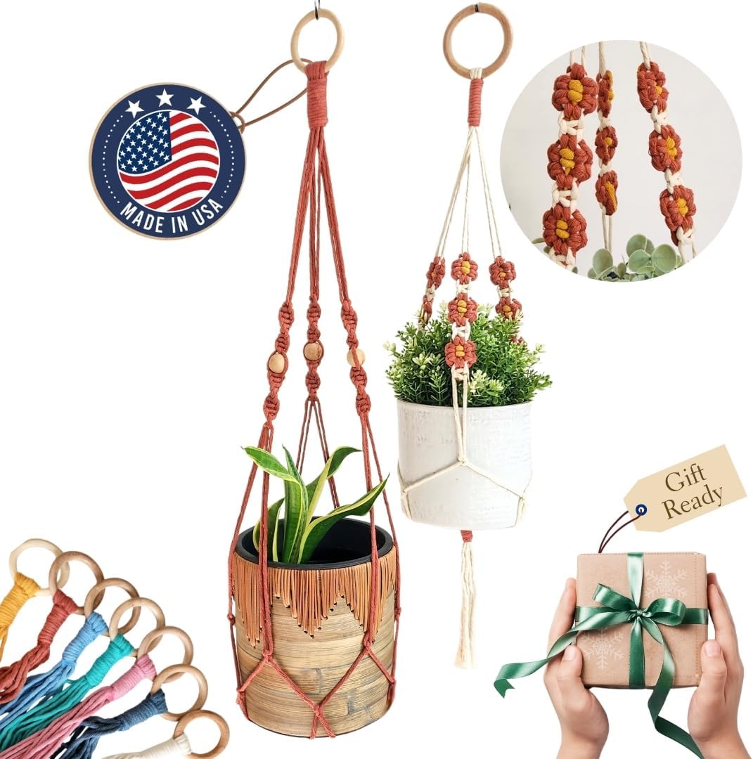 Set of 2 Macrame plant hanger with Daisies & Beads | Hanging plant holder Macrame Plant hangers outdoor and indoor hanging planters Plant stand indoor Boho Decor hanging planter stand (Cafe Latte)