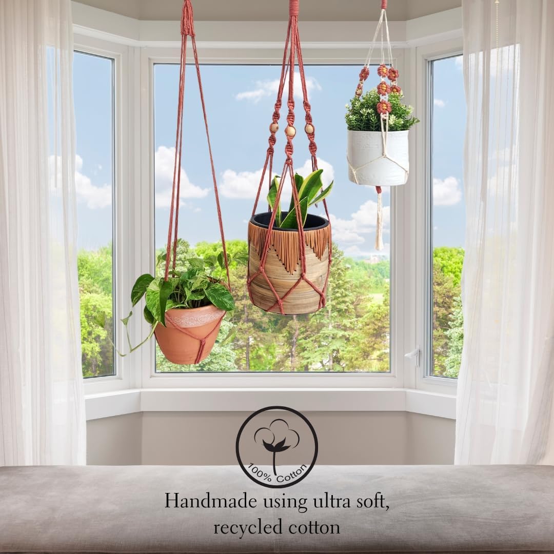 Set of 3 Macrame plant hangers with Daisies & Beads Hanging plant holder Macrame Plant hangers outdoor and indoor hanging planters Plant stand indoor Boho Decor hanging planter stand (Cafe Latte)