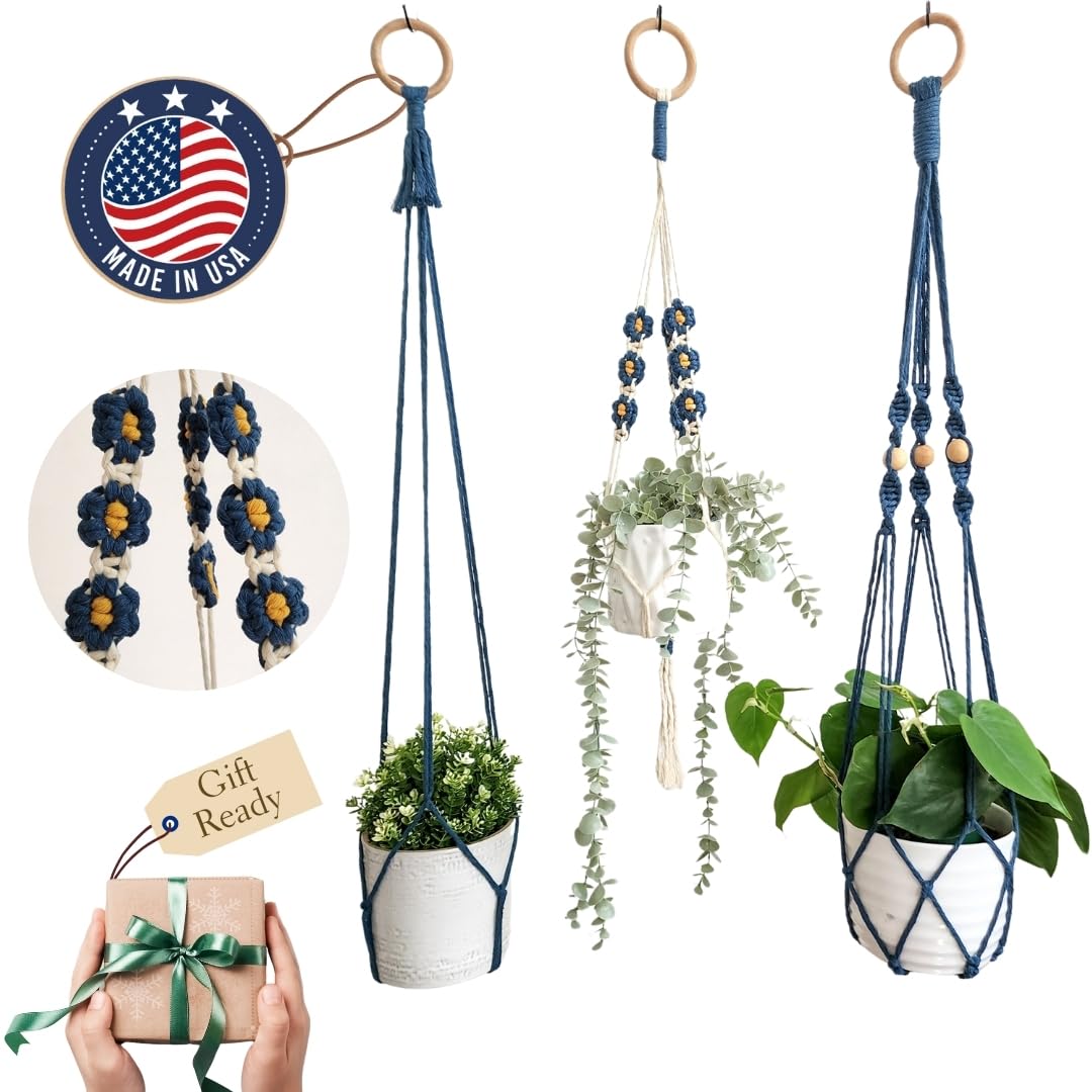 Set of 3 Macrame plant hangers with Daisies & Beads Hanging plant holder Macrame Plant hangers outdoor and indoor hanging planters Plant stand indoor Boho Decor hanging planter stand (Cafe Latte)