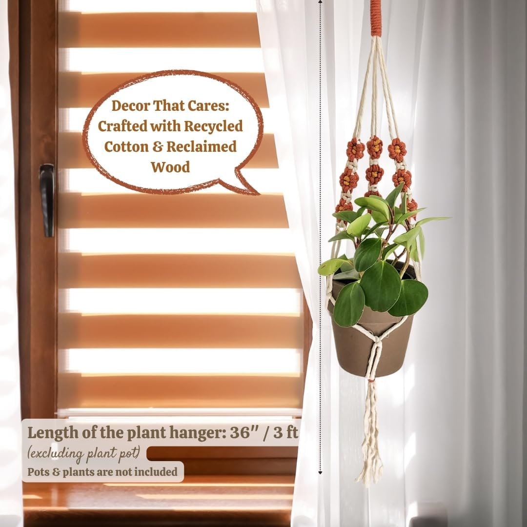 Macrame plant hanger with Daisies | Hanging plant holder | Macrame Plant hangers outdoor and indoor hanging planters Plant stand indoor Boho Decor hanging planter stand/plant shelf (Cafe Latte)