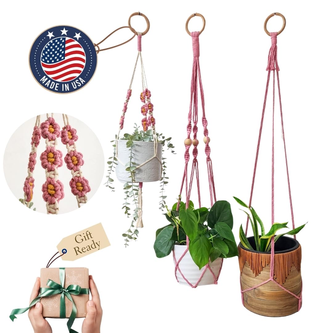 Set of 3 Macrame plant hangers with Daisies & Beads Hanging plant holder Macrame Plant hangers outdoor and indoor hanging planters Plant stand indoor Boho Decor hanging planter stand (Cafe Latte)