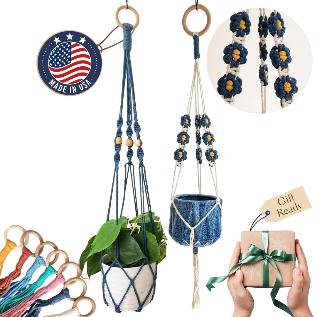 Set of 2 Macrame plant hanger with Daisies & Beads | Hanging plant holder Macrame Plant hangers outdoor and indoor hanging planters Plant stand indoor Boho Decor hanging planter stand (Cafe Latte)