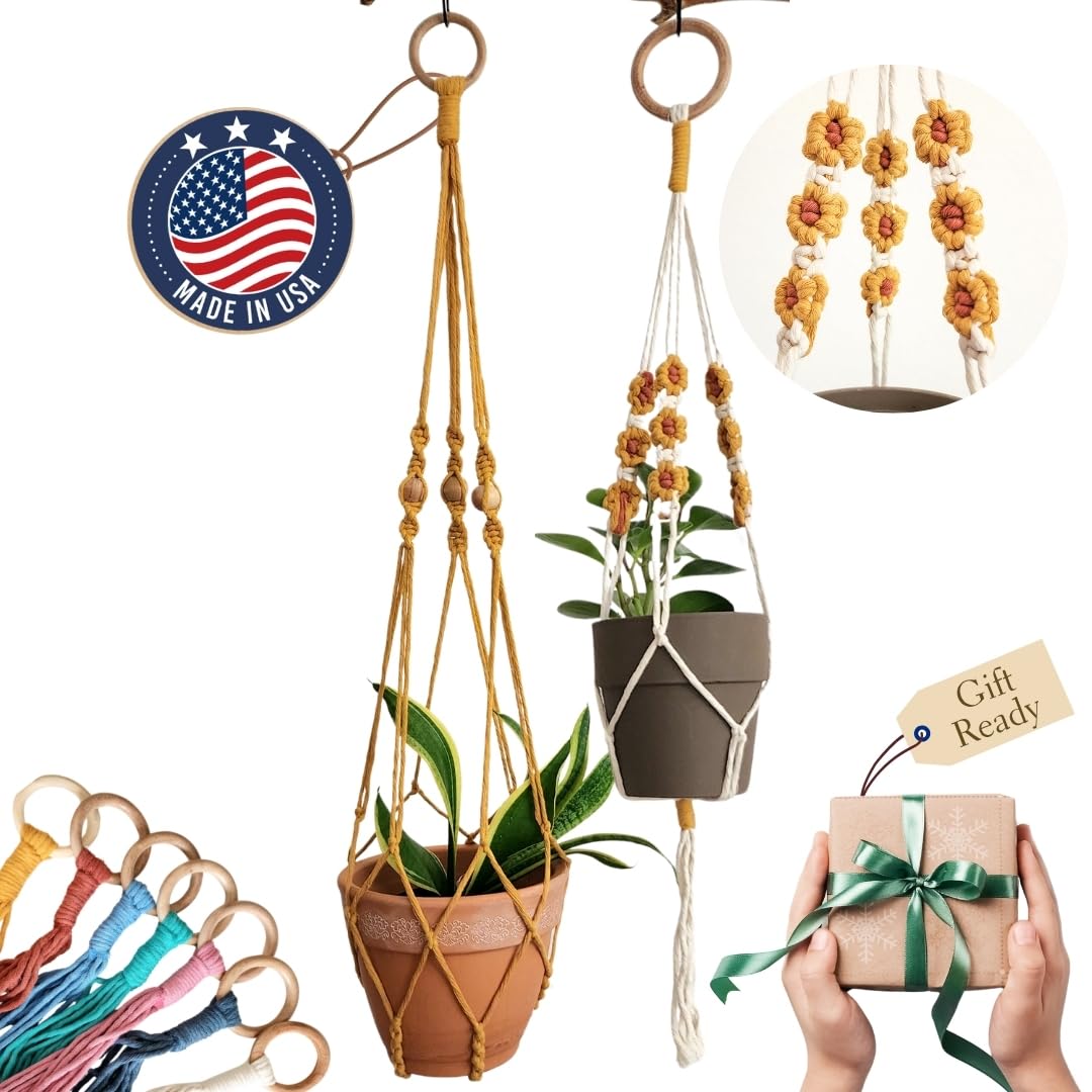 Set of 2 Macrame plant hanger with Daisies & Beads | Hanging plant holder Macrame Plant hangers outdoor and indoor hanging planters Plant stand indoor Boho Decor hanging planter stand (Cafe Latte)