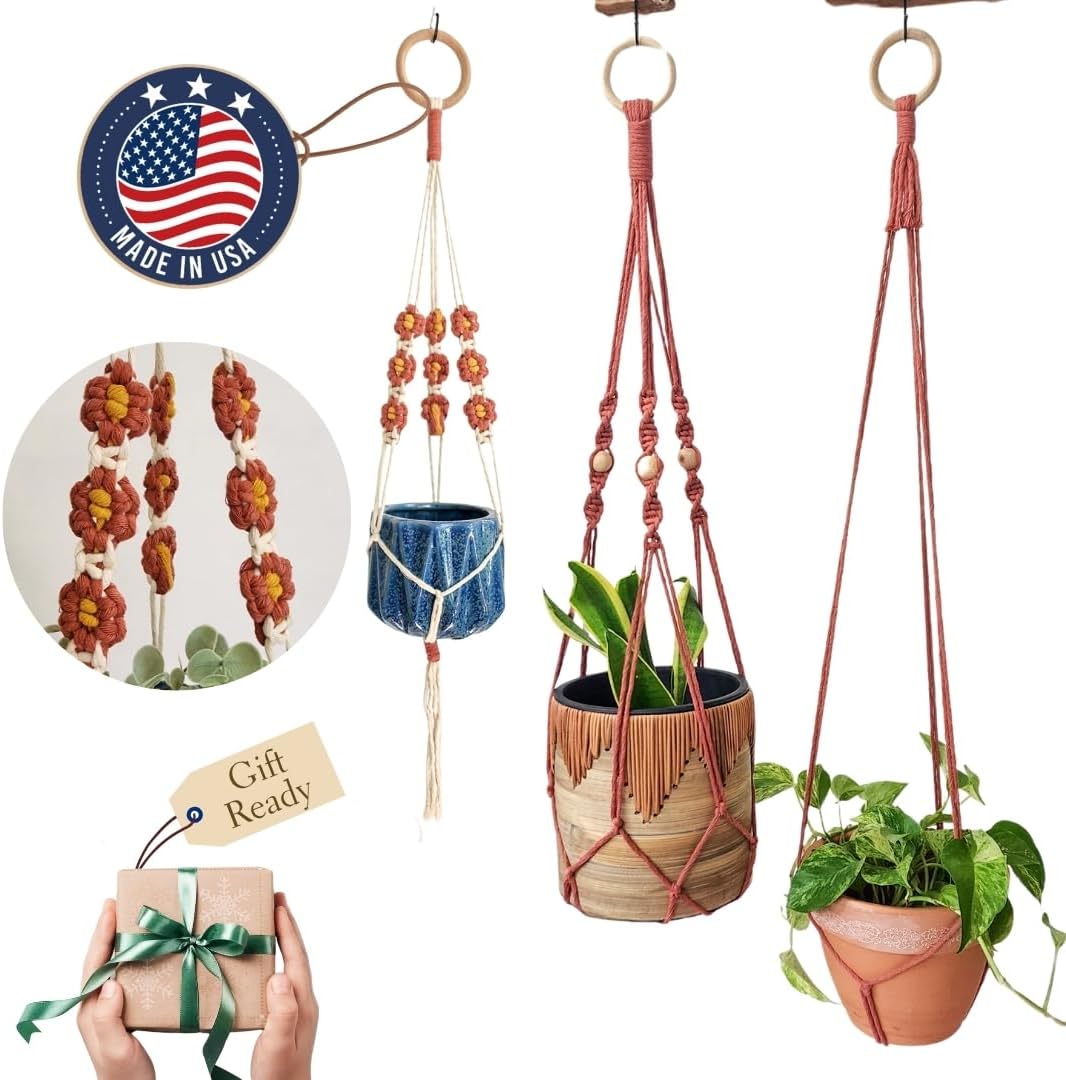 Set of 3 Macrame plant hangers with Daisies & Beads Hanging plant holder Macrame Plant hangers outdoor and indoor hanging planters Plant stand indoor Boho Decor hanging planter stand (Cafe Latte)