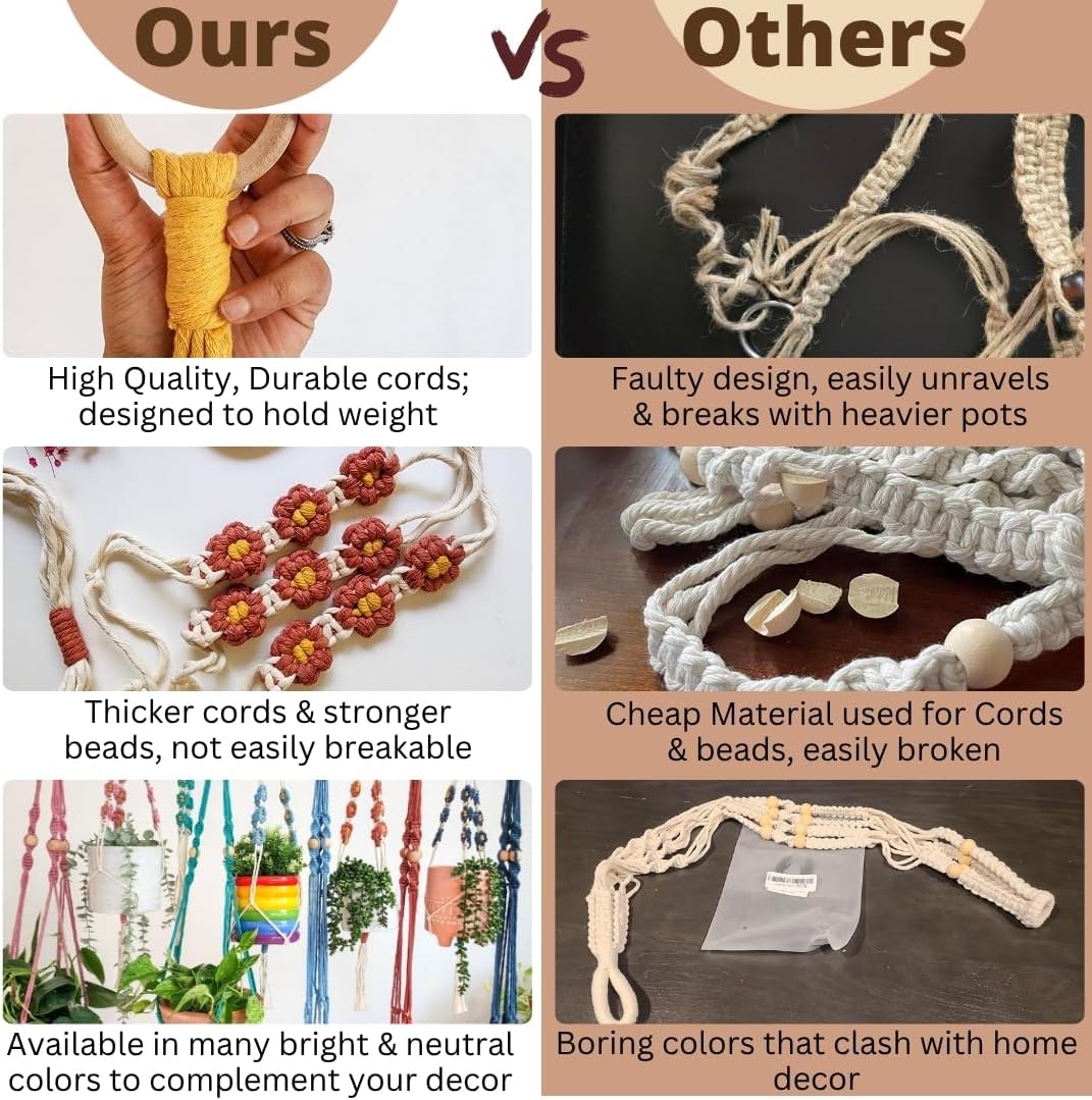 Set of 2 Macrame plant hanger with Daisies & Beads | Hanging plant holder Macrame Plant hangers outdoor and indoor hanging planters Plant stand indoor Boho Decor hanging planter stand (Cafe Latte)