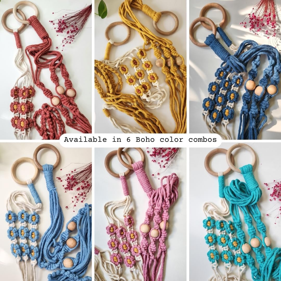 Set of 2 Macrame plant hanger with Daisies & Beads | Hanging plant holder Macrame Plant hangers outdoor and indoor hanging planters Plant stand indoor Boho Decor hanging planter stand (Cafe Latte)