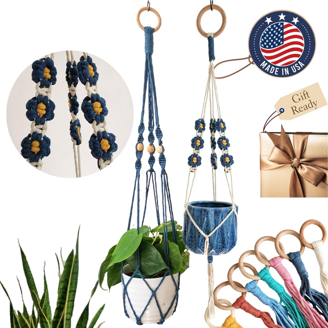 Set of 2 Macrame plant hanger with Daisies & Beads | Hanging plant holder Macrame Plant hangers outdoor and indoor hanging planters Plant stand indoor Boho Decor hanging planter stand (Cafe Latte)