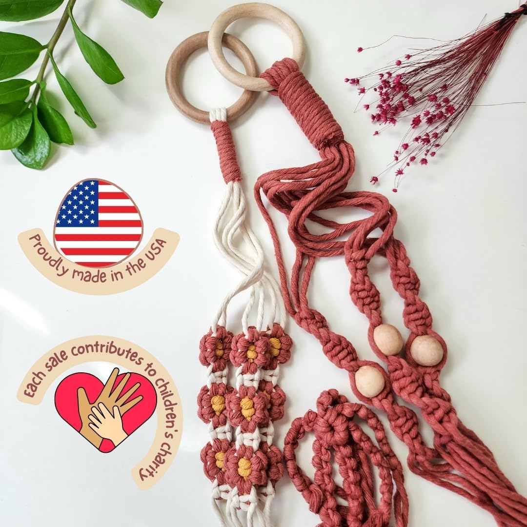 Set of 2 Macrame plant hanger with Daisies & Beads | Hanging plant holder Macrame Plant hangers outdoor and indoor hanging planters Plant stand indoor Boho Decor hanging planter stand (Cafe Latte)