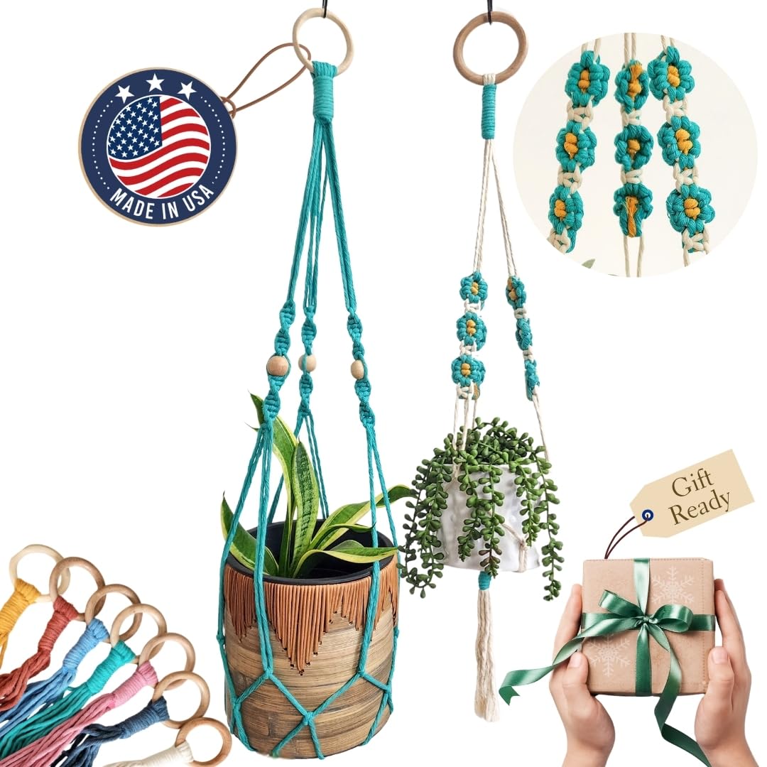 Set of 2 Macrame plant hanger with Daisies & Beads | Hanging plant holder Macrame Plant hangers outdoor and indoor hanging planters Plant stand indoor Boho Decor hanging planter stand (Cafe Latte)