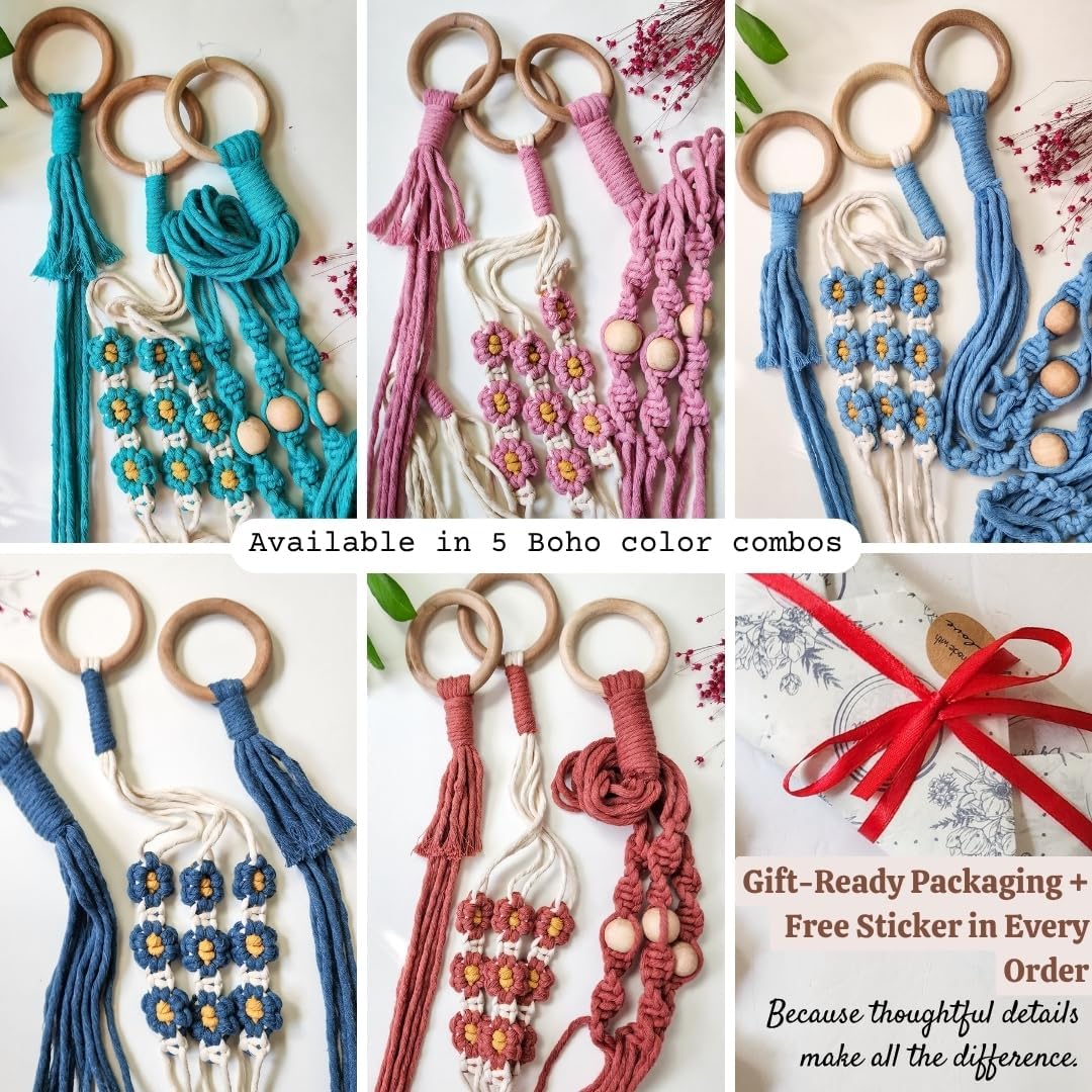 Set of 3 Macrame plant hangers with Daisies & Beads Hanging plant holder Macrame Plant hangers outdoor and indoor hanging planters Plant stand indoor Boho Decor hanging planter stand (Cafe Latte)