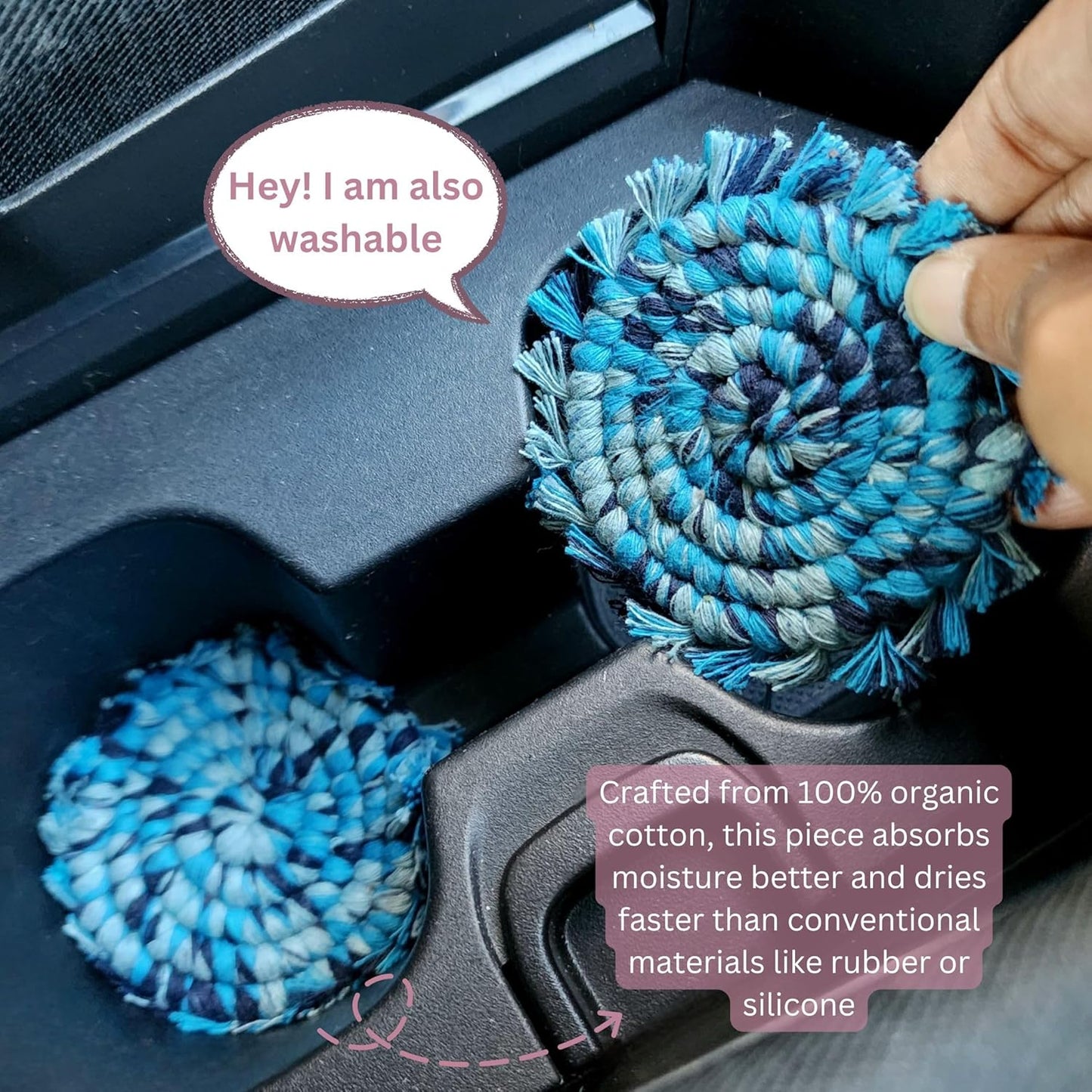 Cotton Car Coasters 2pc Car Cup Coasters Cute car Accessories for Women car Coaster for Cup Holders (Blue Lagoon)