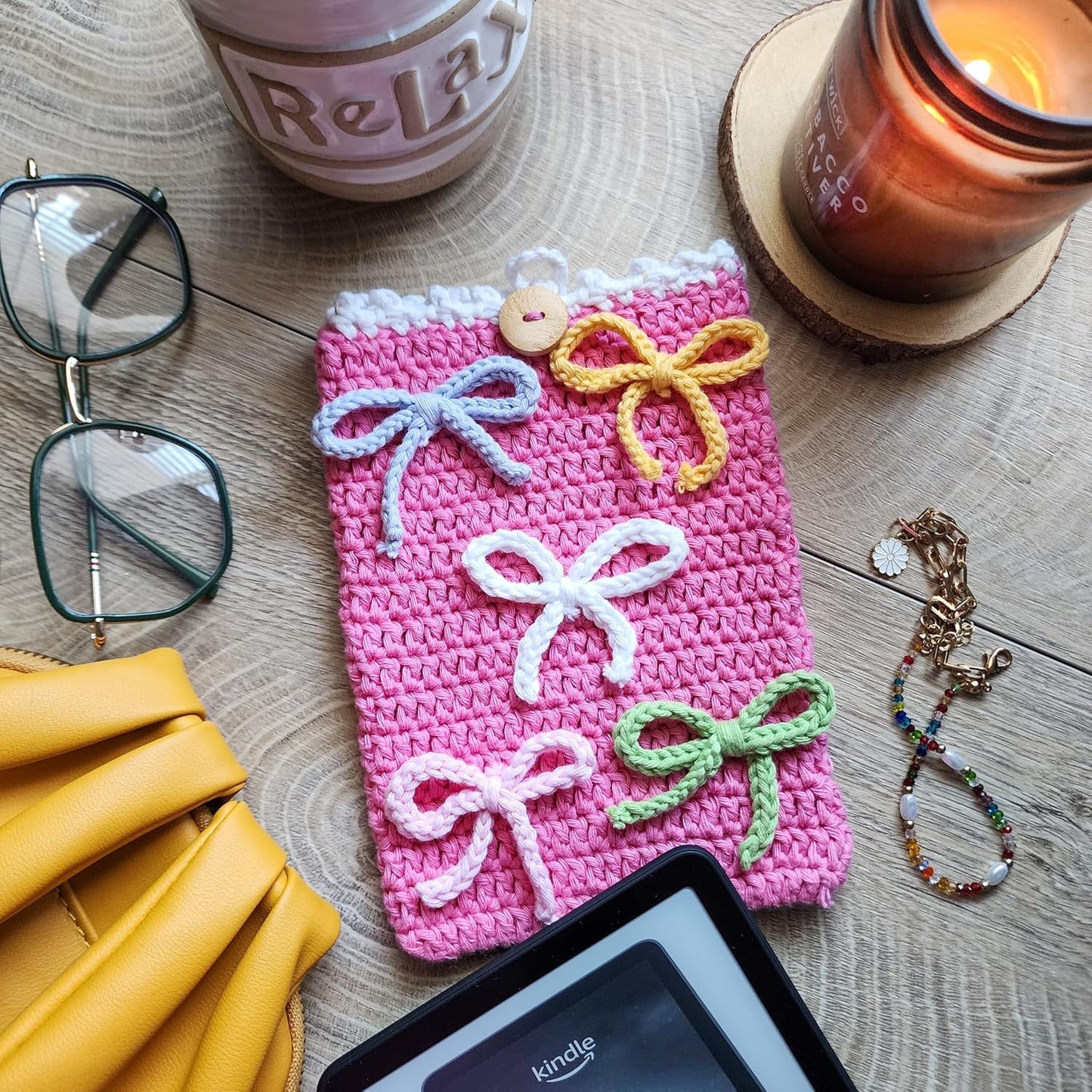 Handwoven Kindle Pouch, Compatible with All Models 5.5”- 7” (Except Scribe), Handmade Kindle Accessories for Women, Protective Sleeve Cover Pouch Bag, Crotcheted eBook Reader Sleeves