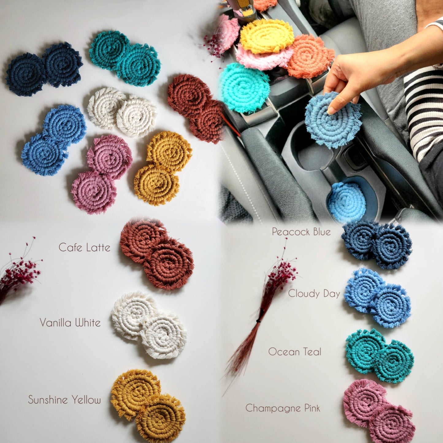 Mini Macrame Cotton Car Coasters- Set of 2