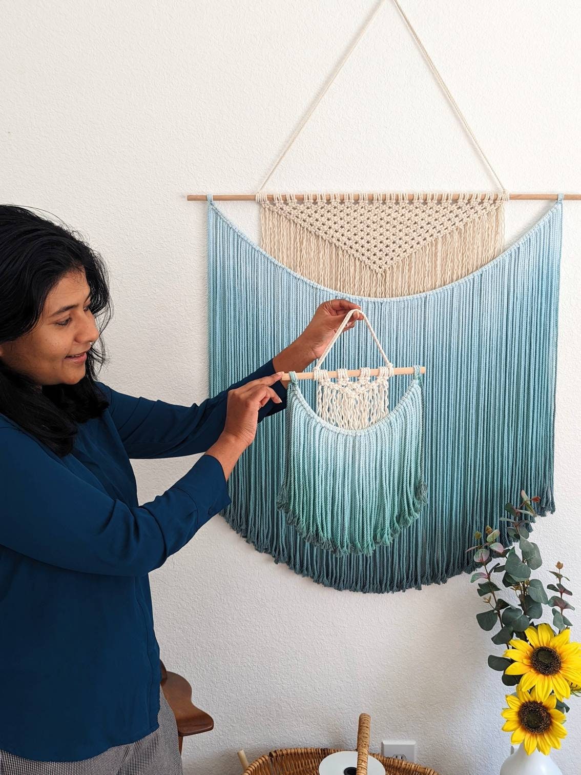 Handmade Macrame wall hanging in Ombre Teal Color