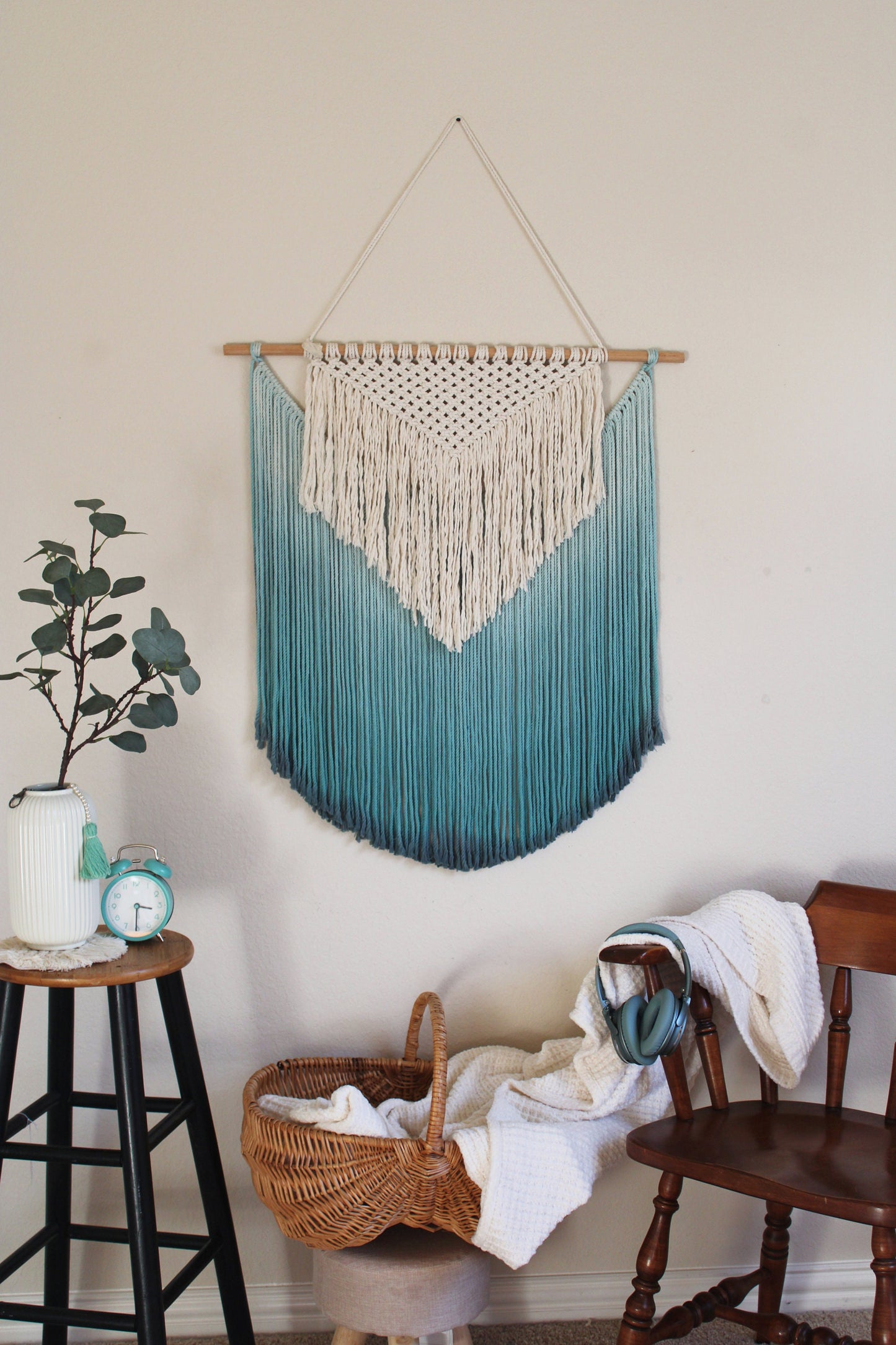 Handmade Macrame wall hanging in Ombre Teal Color
