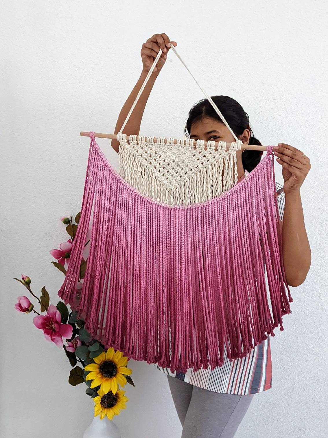 Handmade Macrame wall hanging in Ombre Magenta Pink