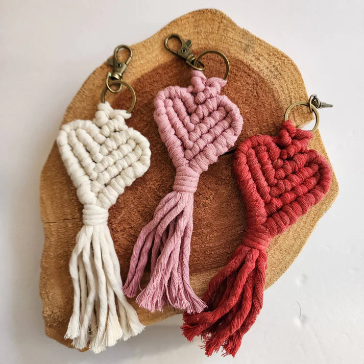 Handwoven Heart Keychain, Boho Macrame– Valentine's Day Gift