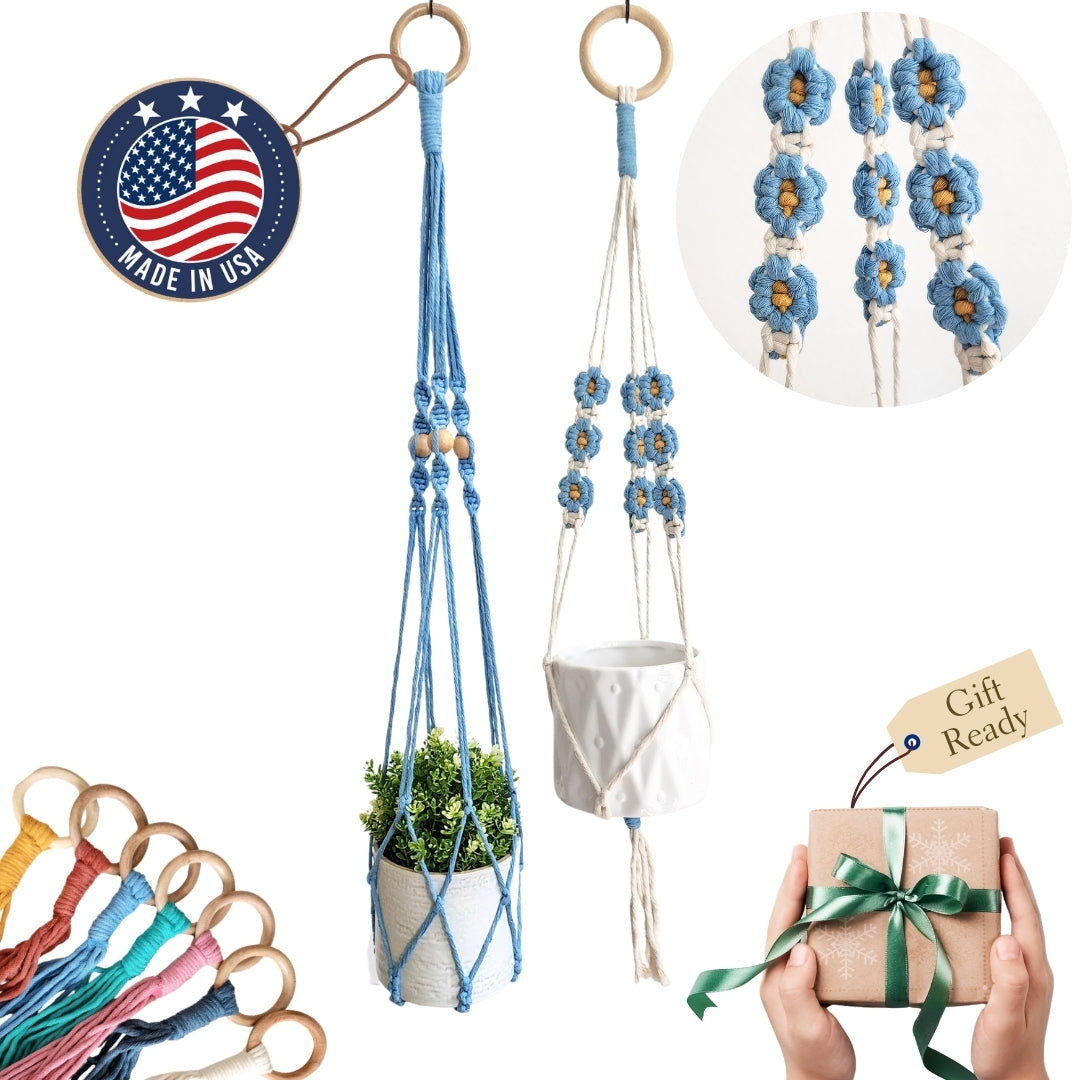 Set of 2 Macrame plant hanger with Daisies & Beads | Handmade Macrame Planter Holders