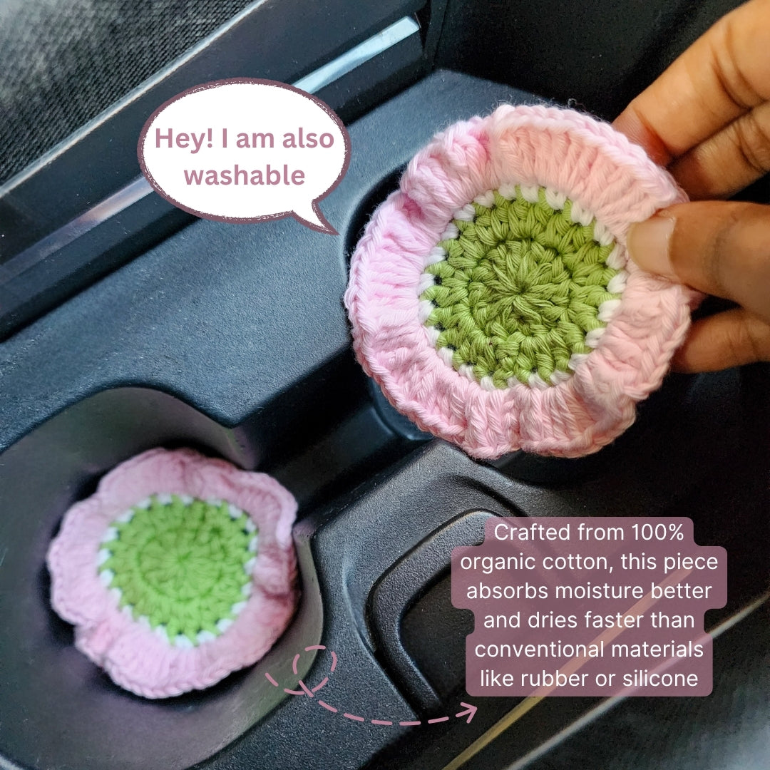 Cotton Car Coasters 2pc | Washable Handmade Ruffled Crochet Car Gift