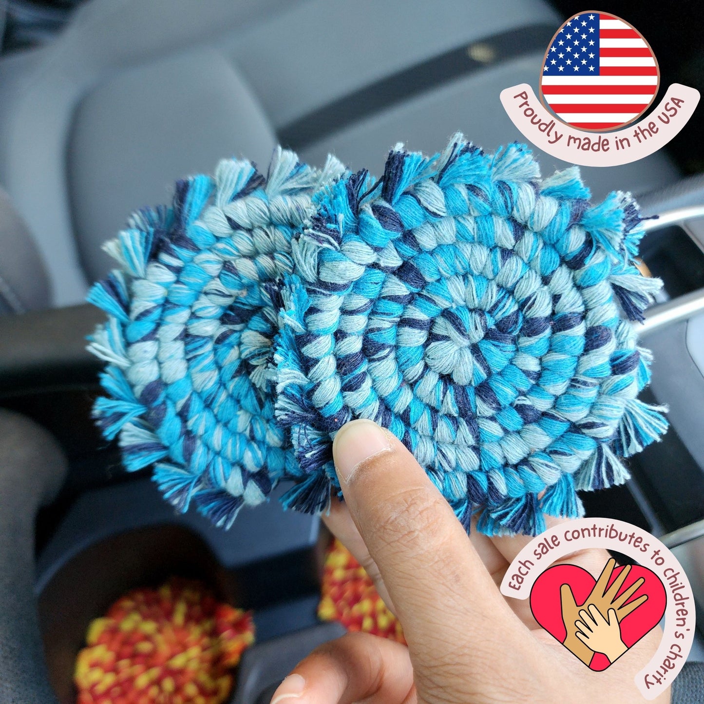 Cotton Car Coasters 2pc | Washable Multicolor Handmade Macrame Car Accessories for Women