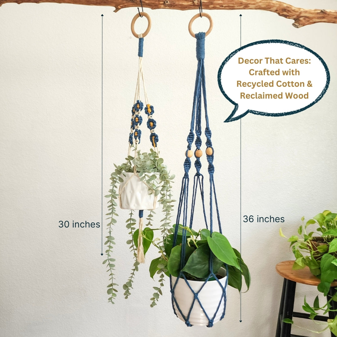 Set of 2 Macrame plant hanger with Daisies & Beads | Handmade Macrame Planter Holders