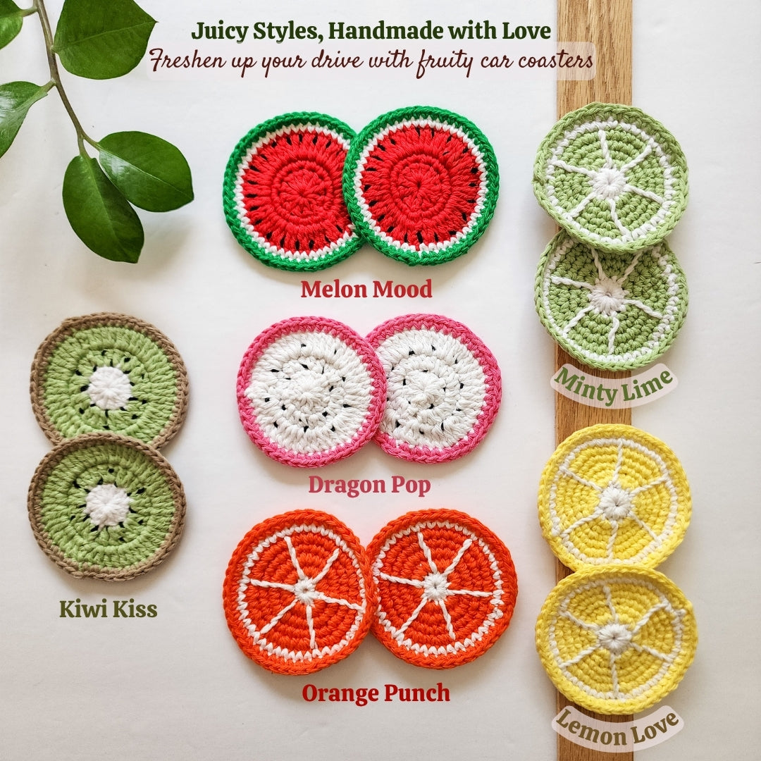 Set of 2 Car Coasters | Handwoven Crochet Cotton Fruit Car Coaster Set