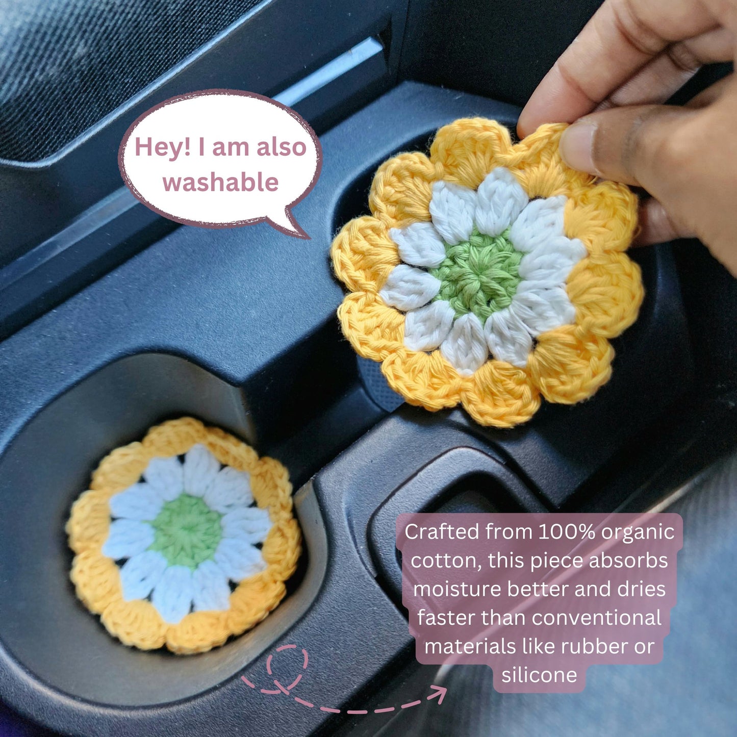 Cotton Car Coasters 2pc | Washable Handmade Floral Crochet Car Gifts