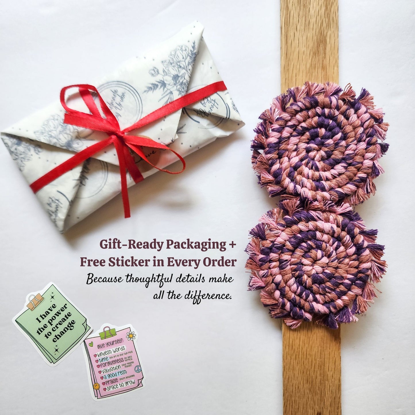 Cotton Car Coasters 2pc | Washable Multicolor Handmade Macrame Car Accessories for Women