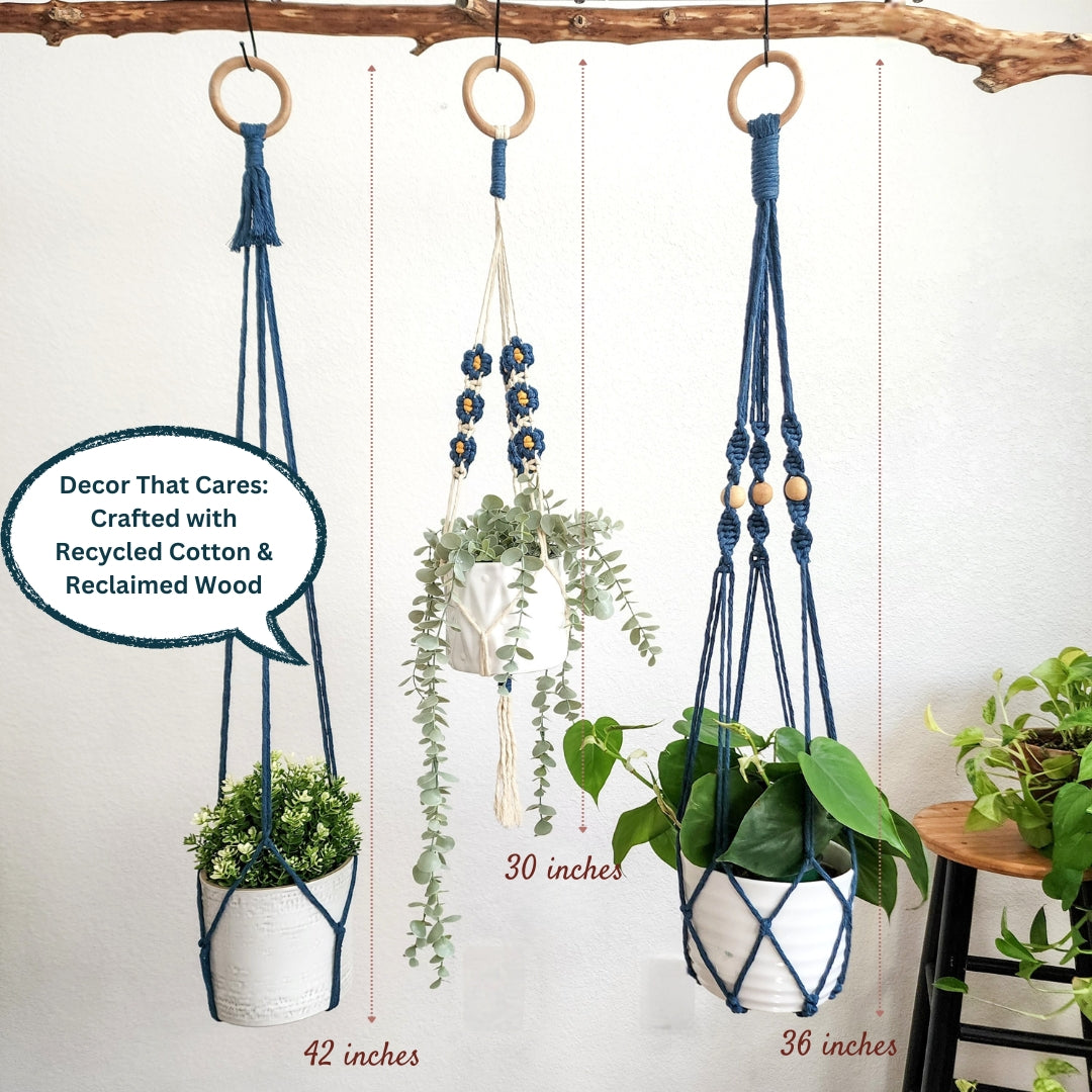 Set of 3 Macrame plant hangers with Daisies & Beads | Plant Mom Gifts