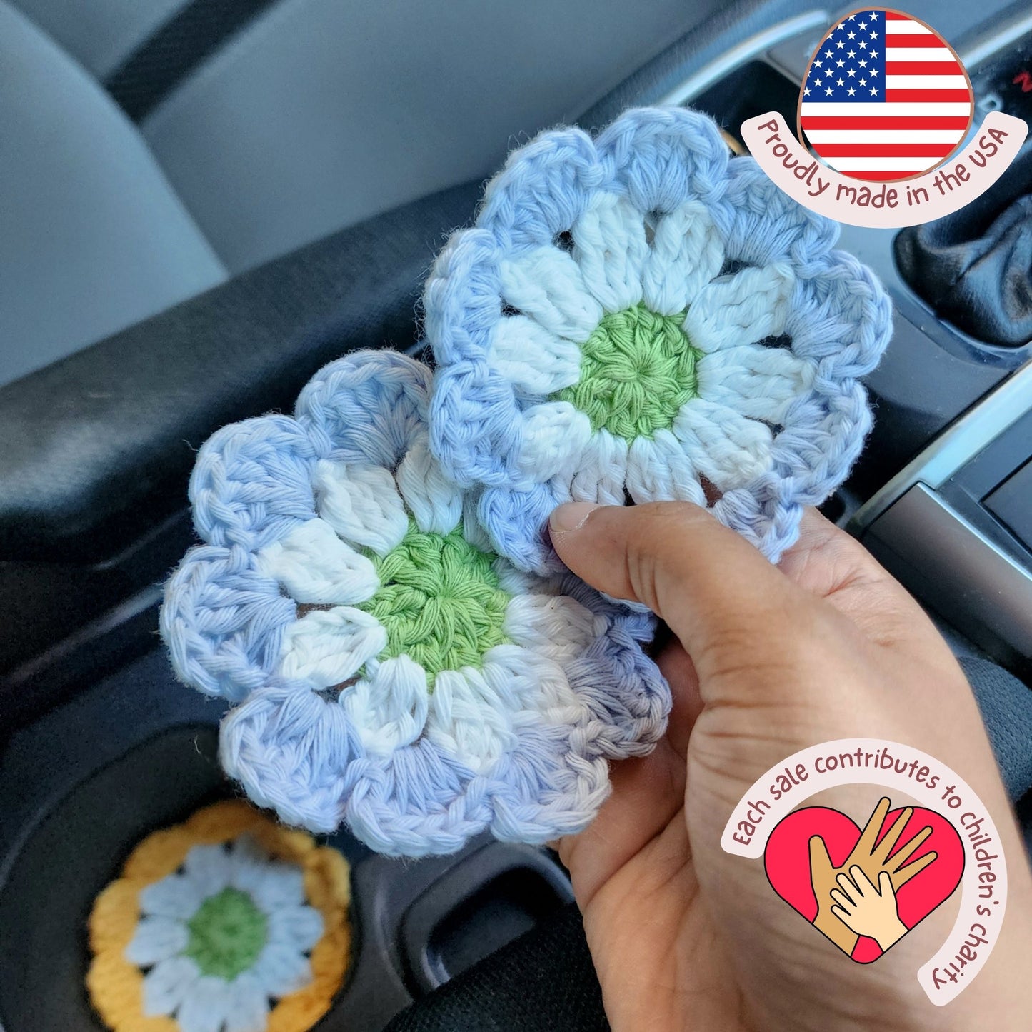 Cotton Car Coasters 2pc | Washable Handmade Floral Crochet Car Gifts
