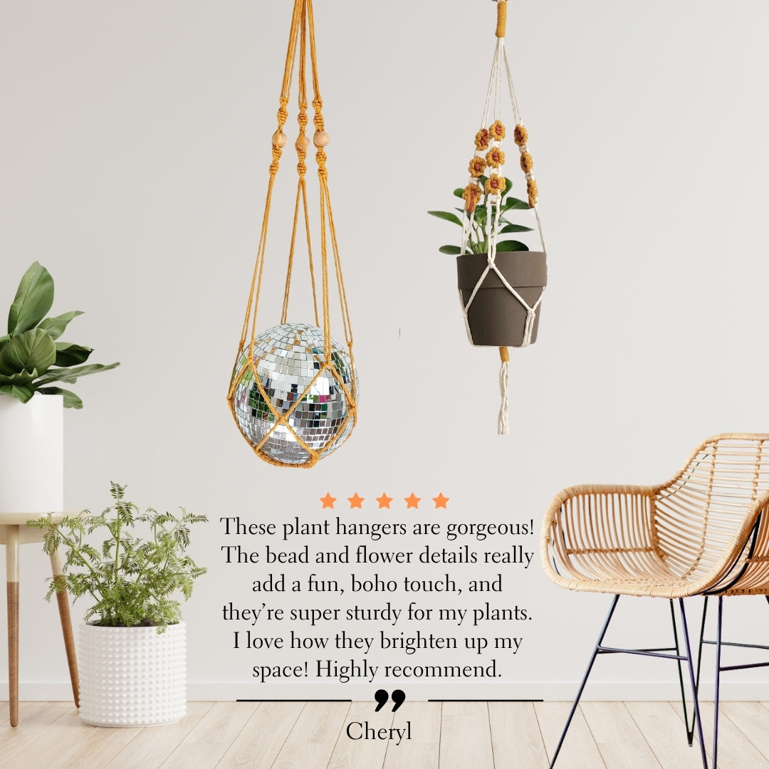 Set of 2 Macrame plant hanger with Daisies & Beads | Handmade Macrame Planter Holders