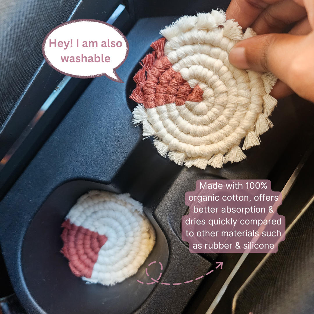 Cotton Car Coasters 2pc | Washable Handmade Macrame Car Accessories for Women