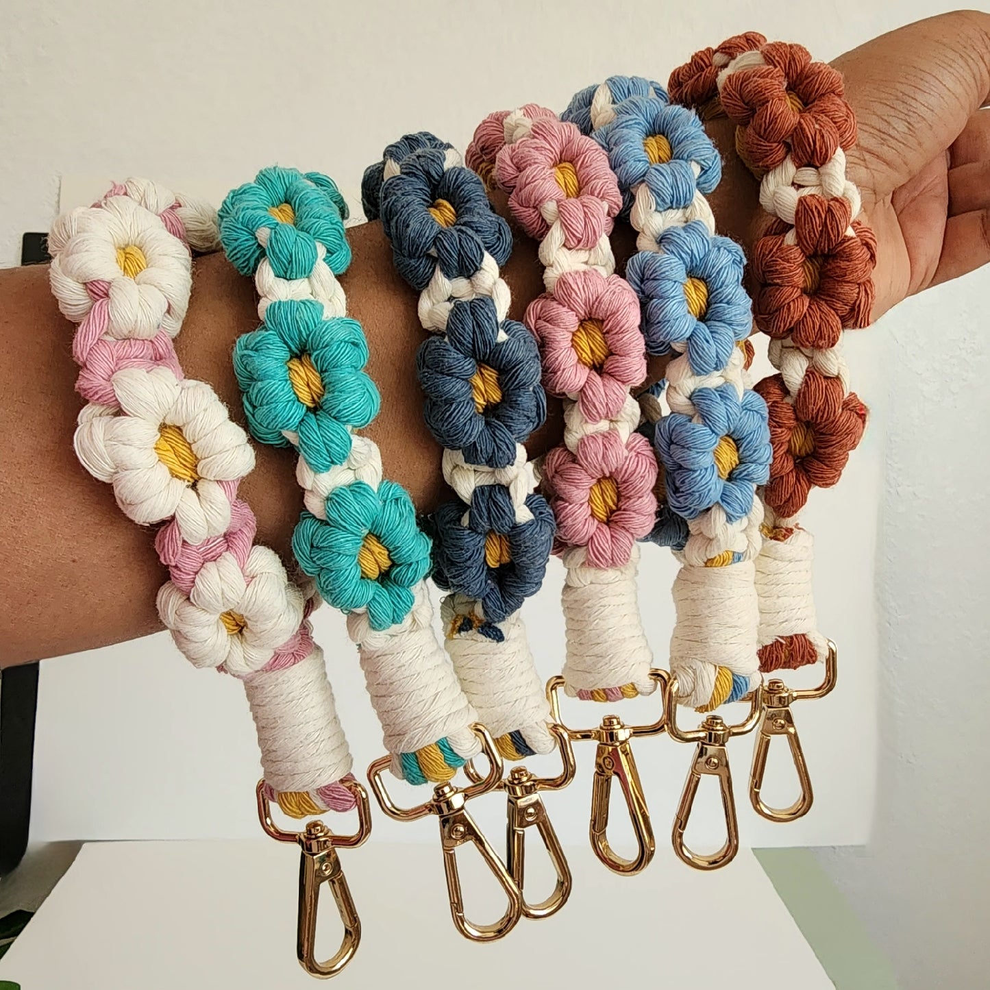 Macrame Daisy Flowers Wristlet / Keychain / Lanyard Charm