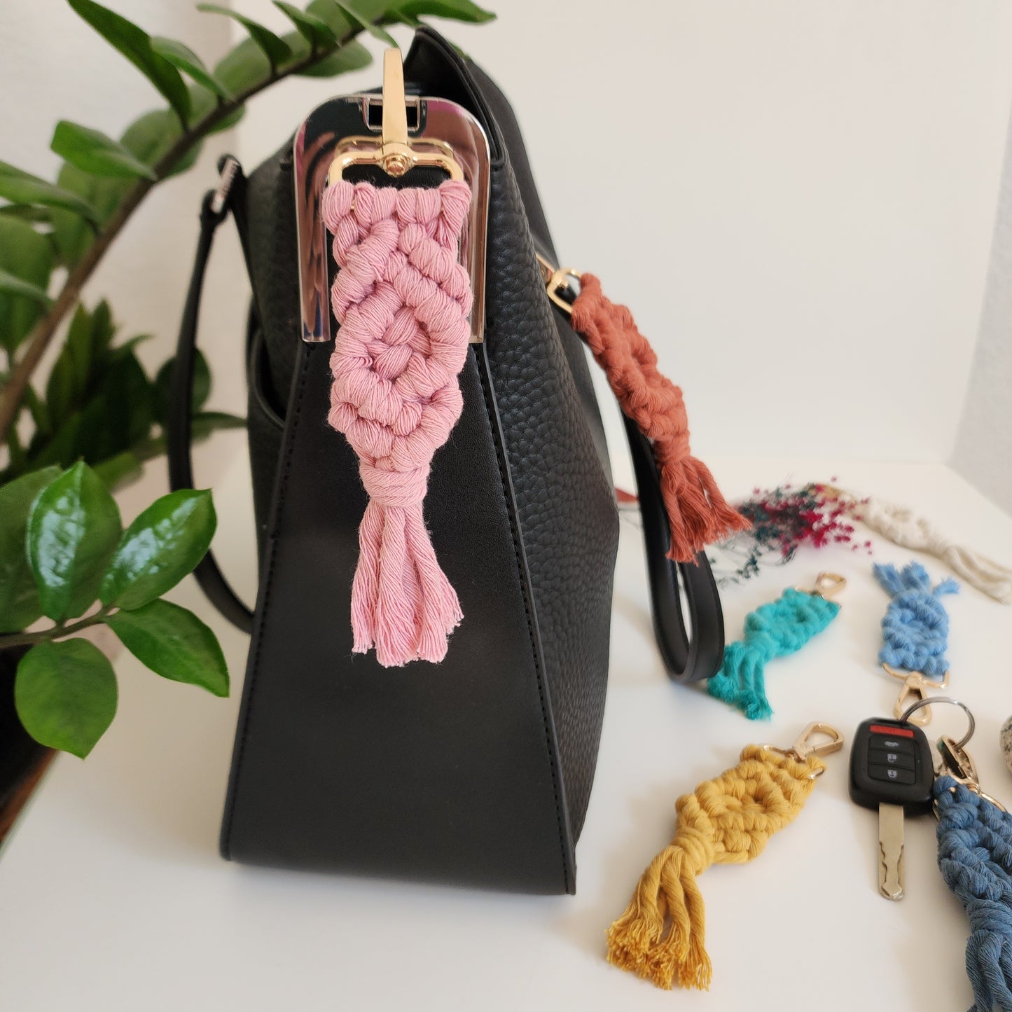 Handmade Macrame Cotton Keychain Charm with Golden Clasp