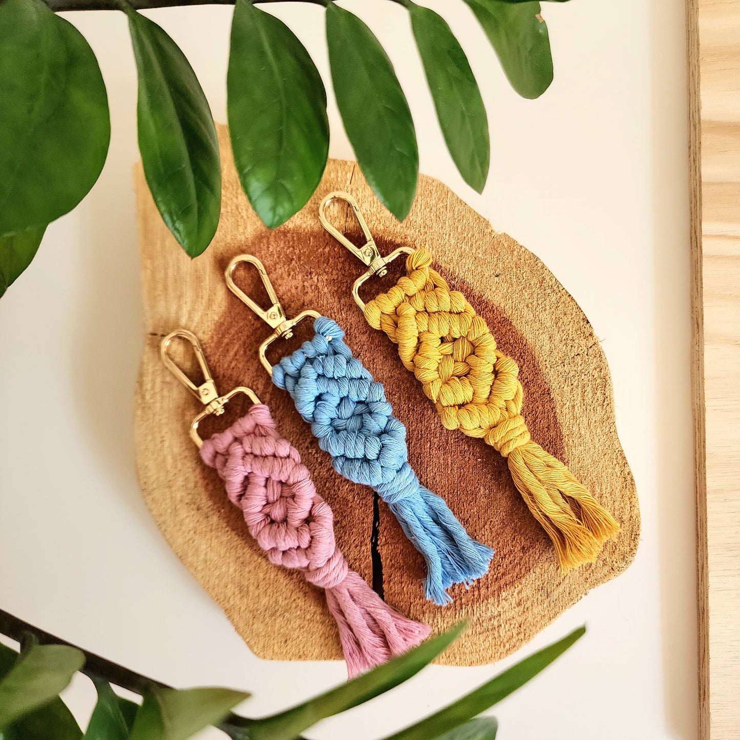 Handmade Macrame Cotton Keychain Charm with Golden Clasp