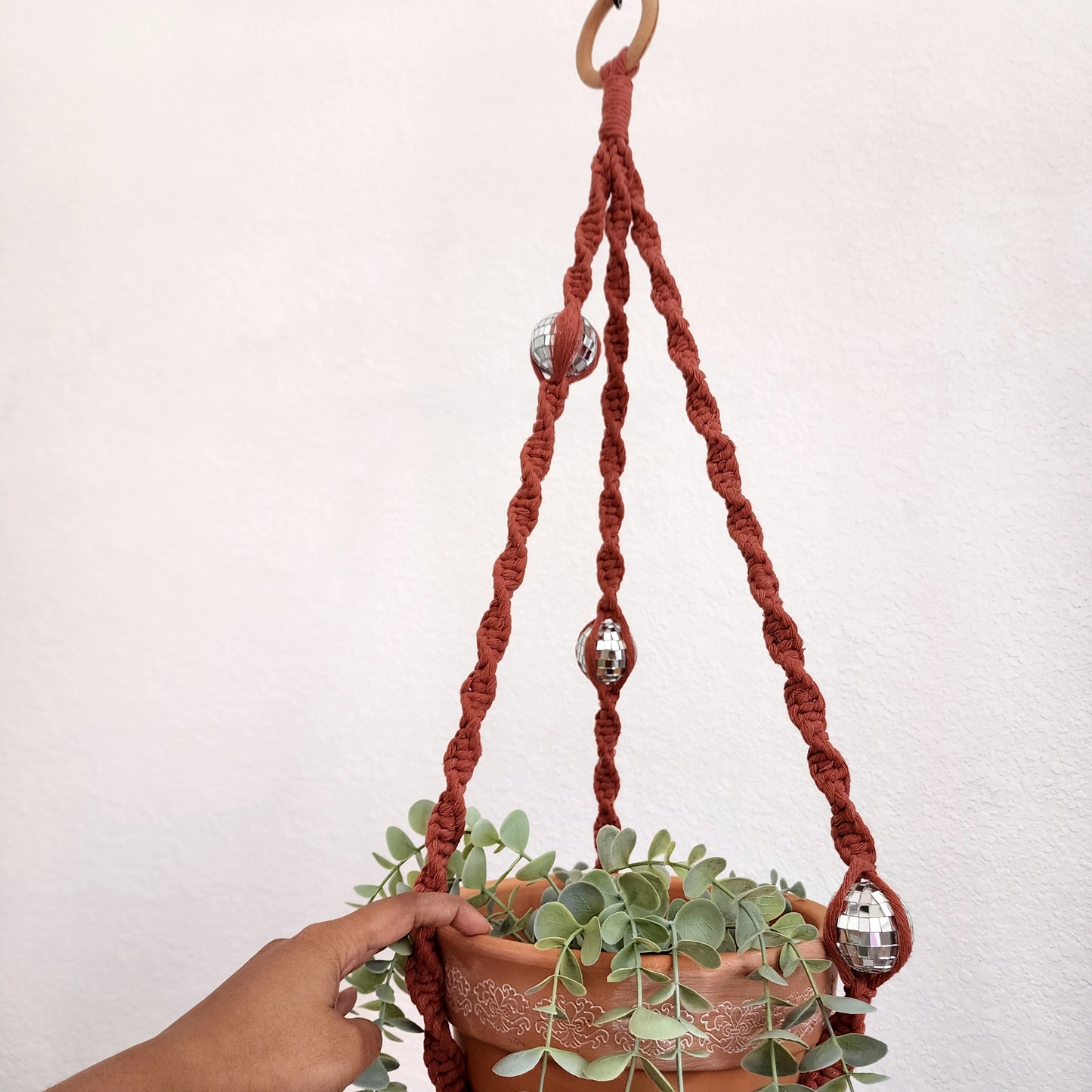 Handmade Macrame Disco Ball Plant Hanger, Retro Planter Holder for Home Décor