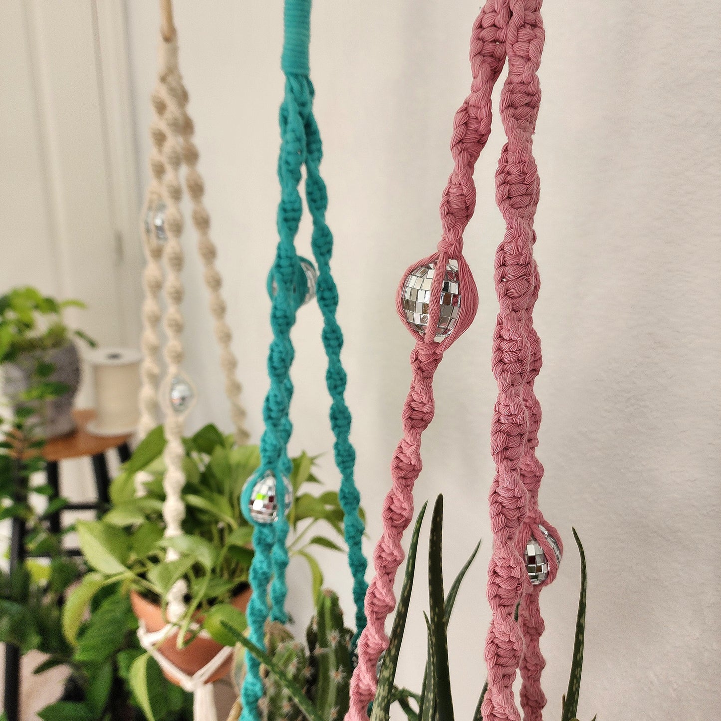 Handmade Macrame Disco Ball Plant Hanger, Retro Planter Holder for Home Décor