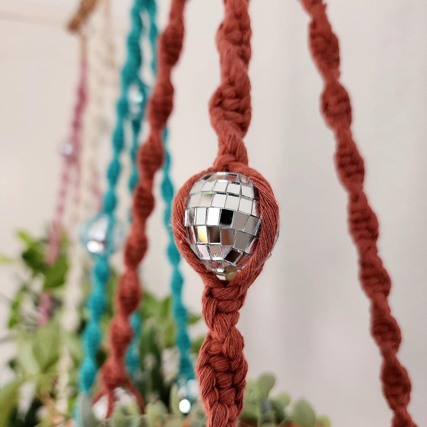 Handmade Macrame Disco Ball Plant Hanger, Retro Planter Holder for Home Décor