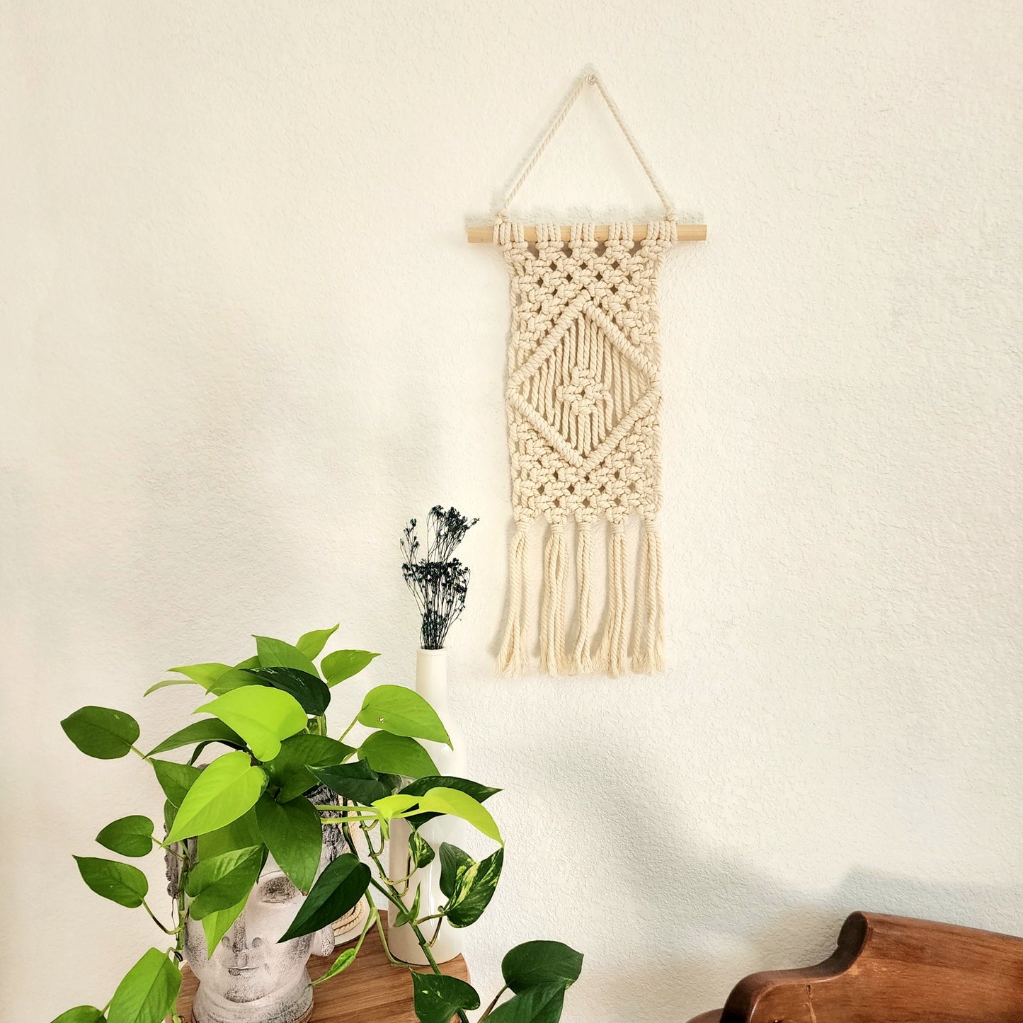 Macrame Wall Hanging with Diamond Pattern, Handmade with Cotton Cords, Eco-friendly Home Décor