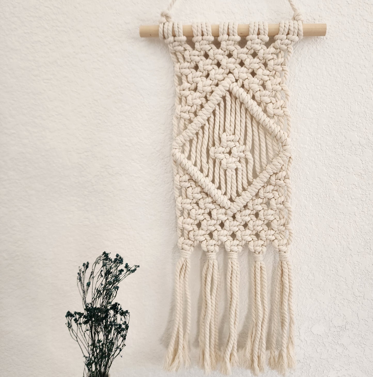 Macrame Wall Hanging with Diamond Pattern, Handmade with Cotton Cords, Eco-friendly Home Décor